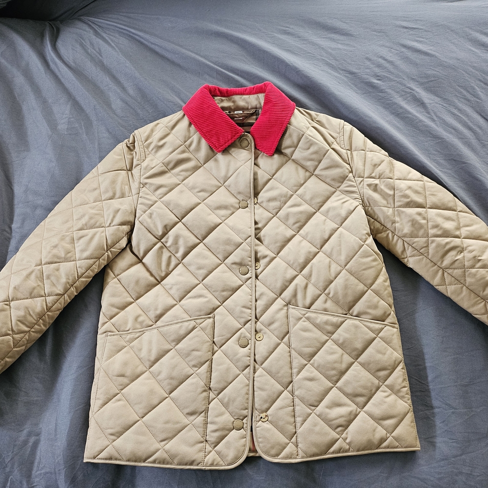 Quilted Tan Jacket with Red Collar